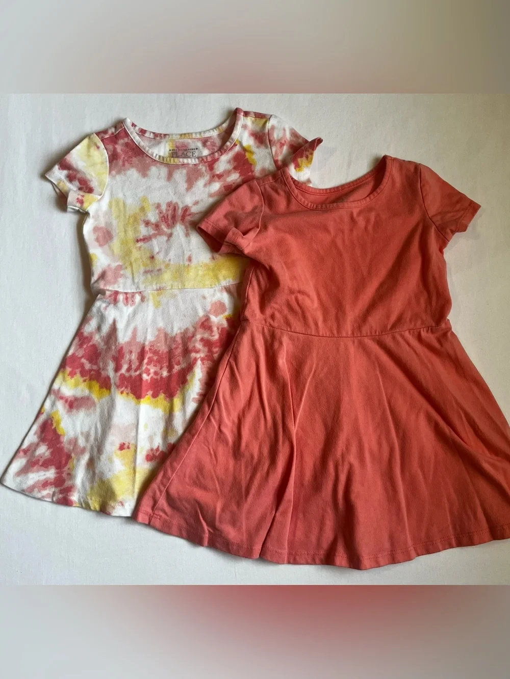 The Children's Place Coral  & Tie-Dye Yellow-Pink Knit Skater Dresses Size 2T